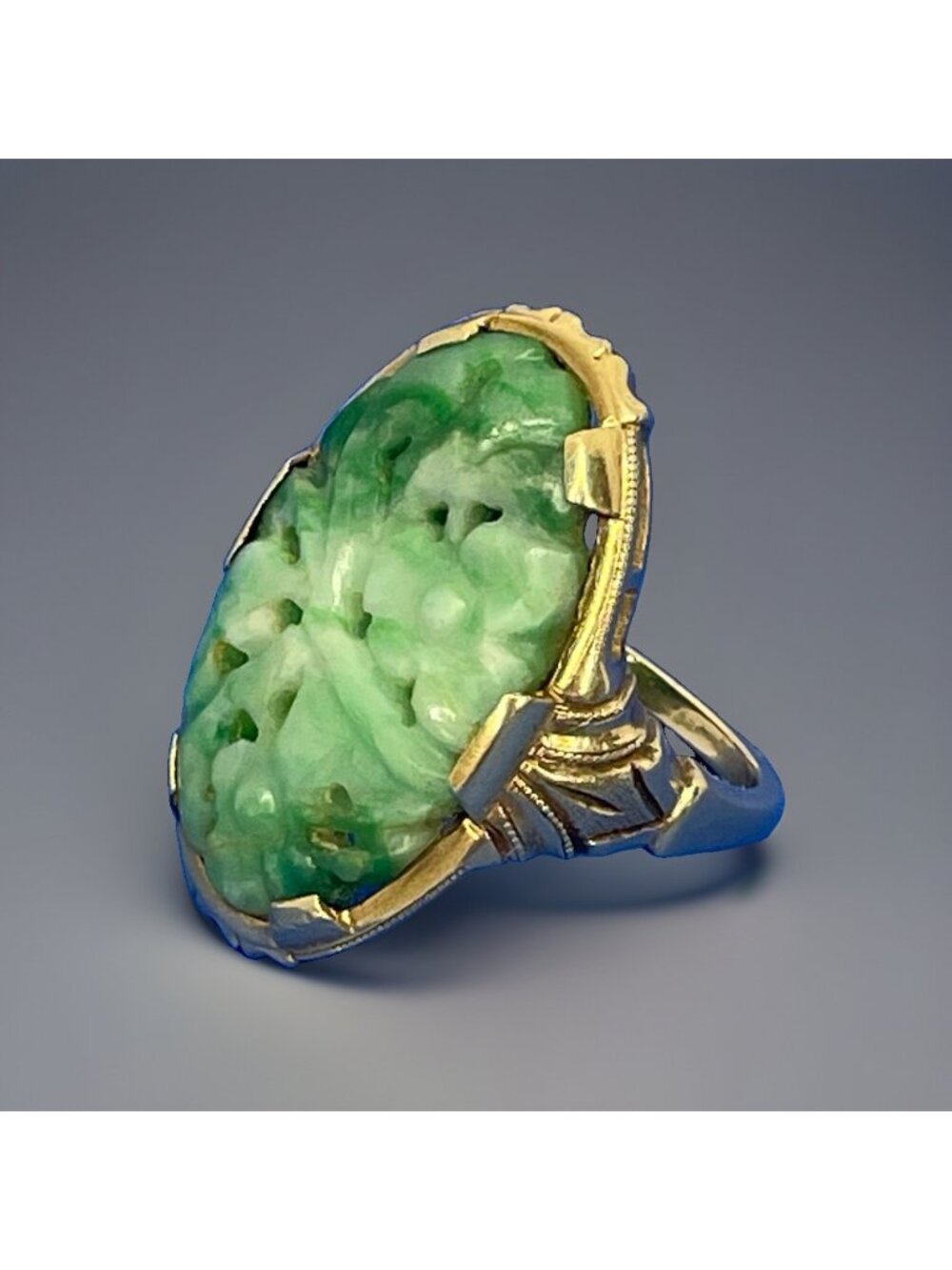 Vtg Signed 10k Gold Sz 6.25 Ring Carved Floral Jadeite Jade Nephrite Tested 6.3g